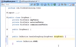 Locating the DniAction section in the DropBean.java code