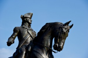 Close Up Of George Washington Statue Against The Blue Sky